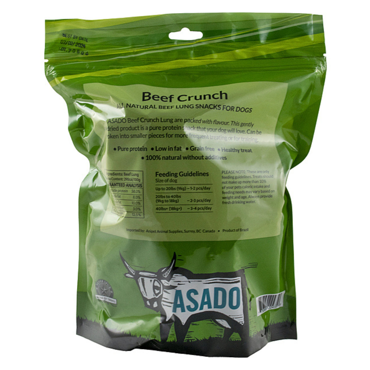 Back view of Silver Spur Asado Beef Crunch Dog Treats showing packaging and label details on a white background