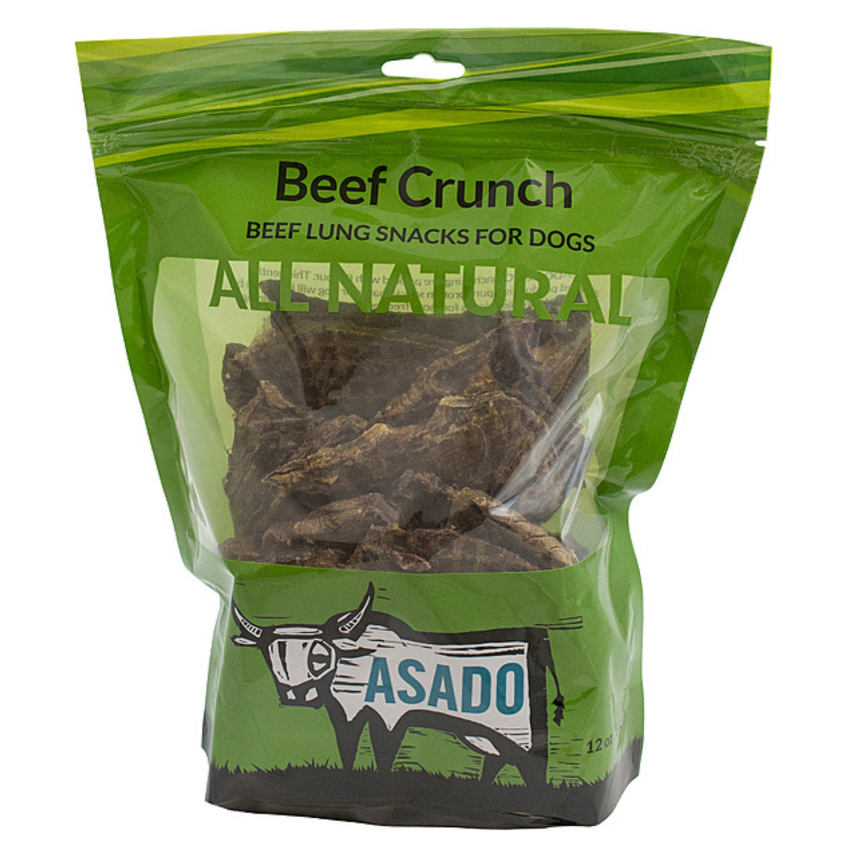 Front view of Silver Spur Dog Treats Asado Beef Crunch on a white background