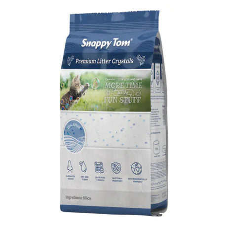 A front view of Snappy Tom Crystal Silia Unscented Cat Litter on a white background