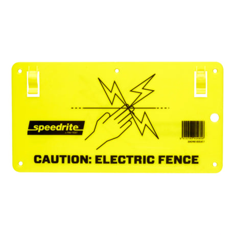 Front view of Speedrite electric fence warning signage on a white background