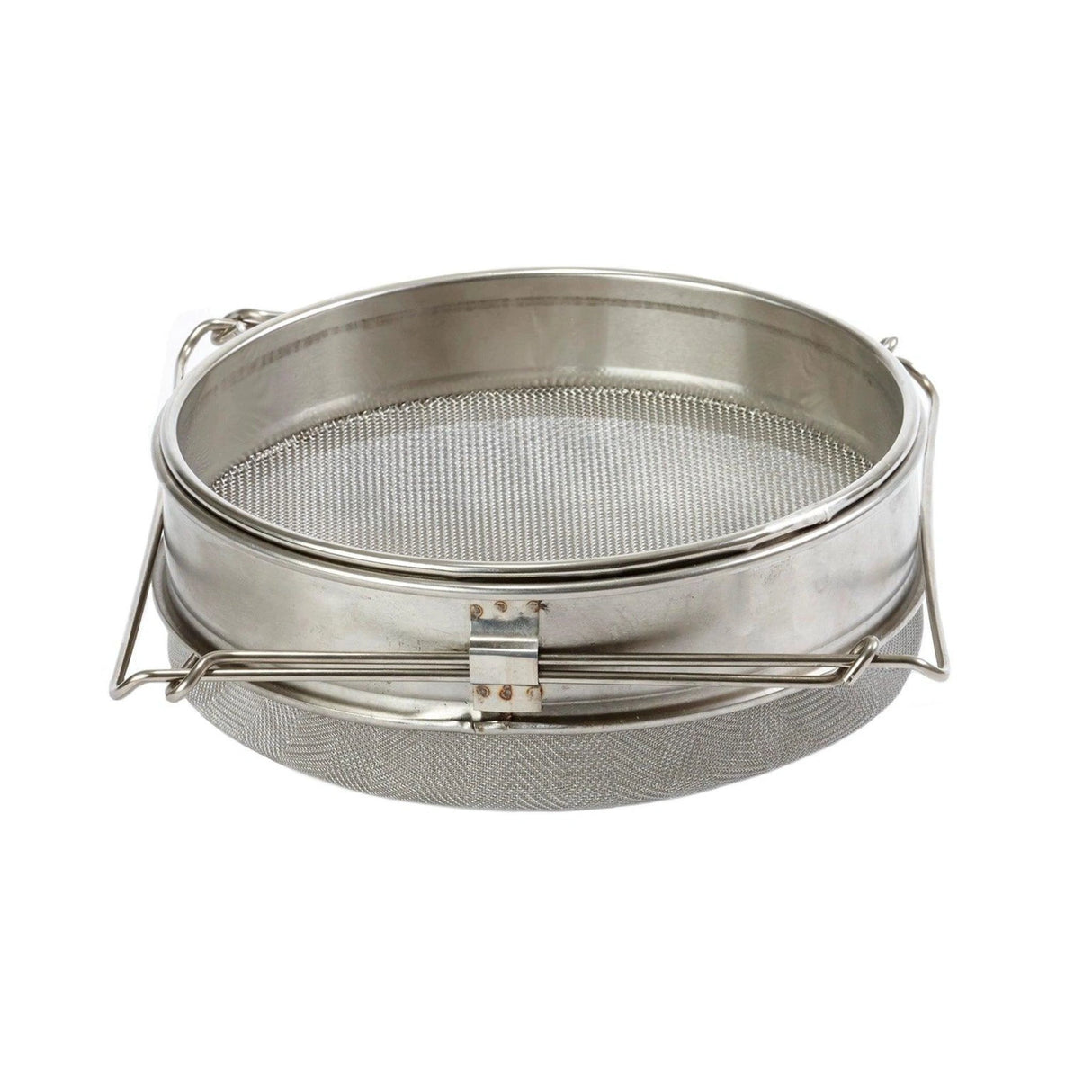 A front view of Little Giant Stainless Steel Honey Strainer on a white background