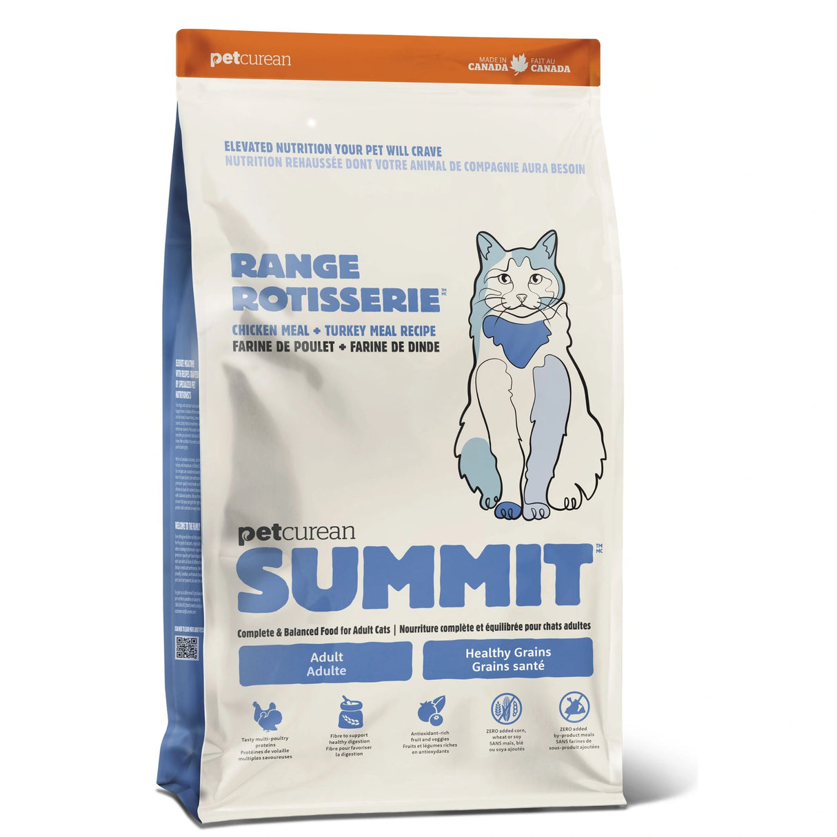 Front part of a bag of Summit Chicken Meal + Turkey Meal cat food on a white background