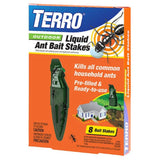 Front view of Terro Outdoor Ant Killer Stakes 8/pkg Liquid Ant Bait on a white background