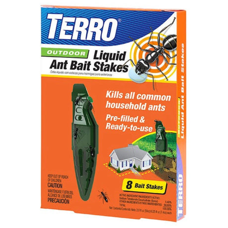 Front view of Terro Outdoor Ant Killer Stakes 8/pkg Liquid Ant Bait on a white background