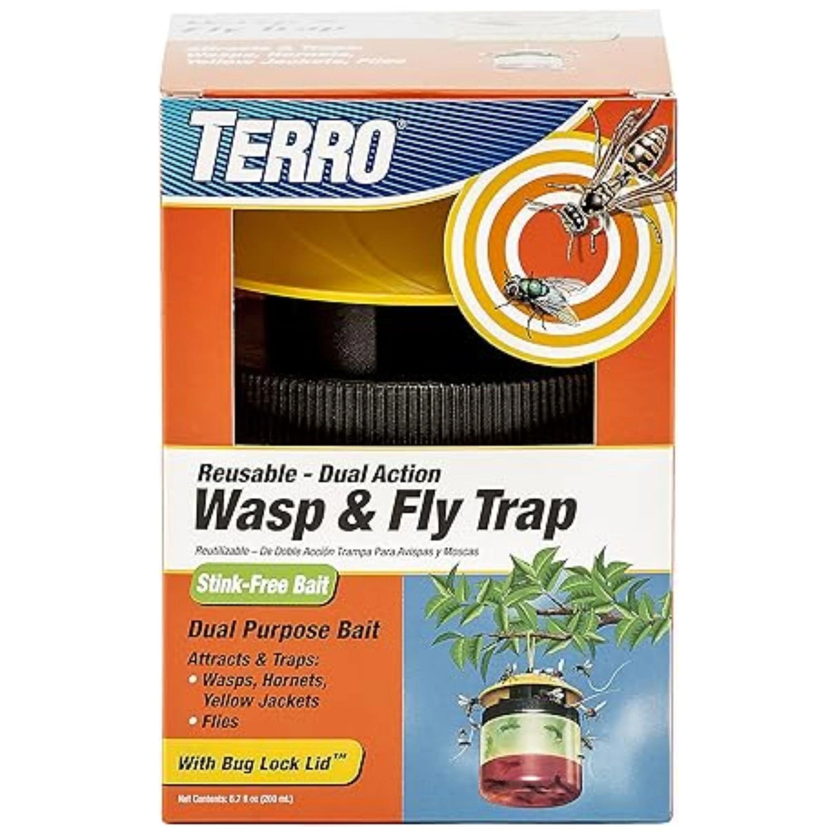 Front view of Terro Wasp and Fly Trap with stink-free bait, reusable design, on a clean white background