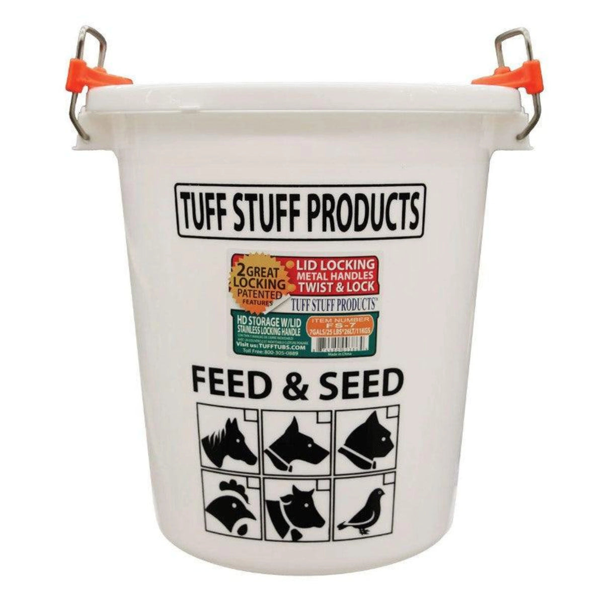 Front view of Tuff Stuff 7 gallon feed and seed storage bin on a white background