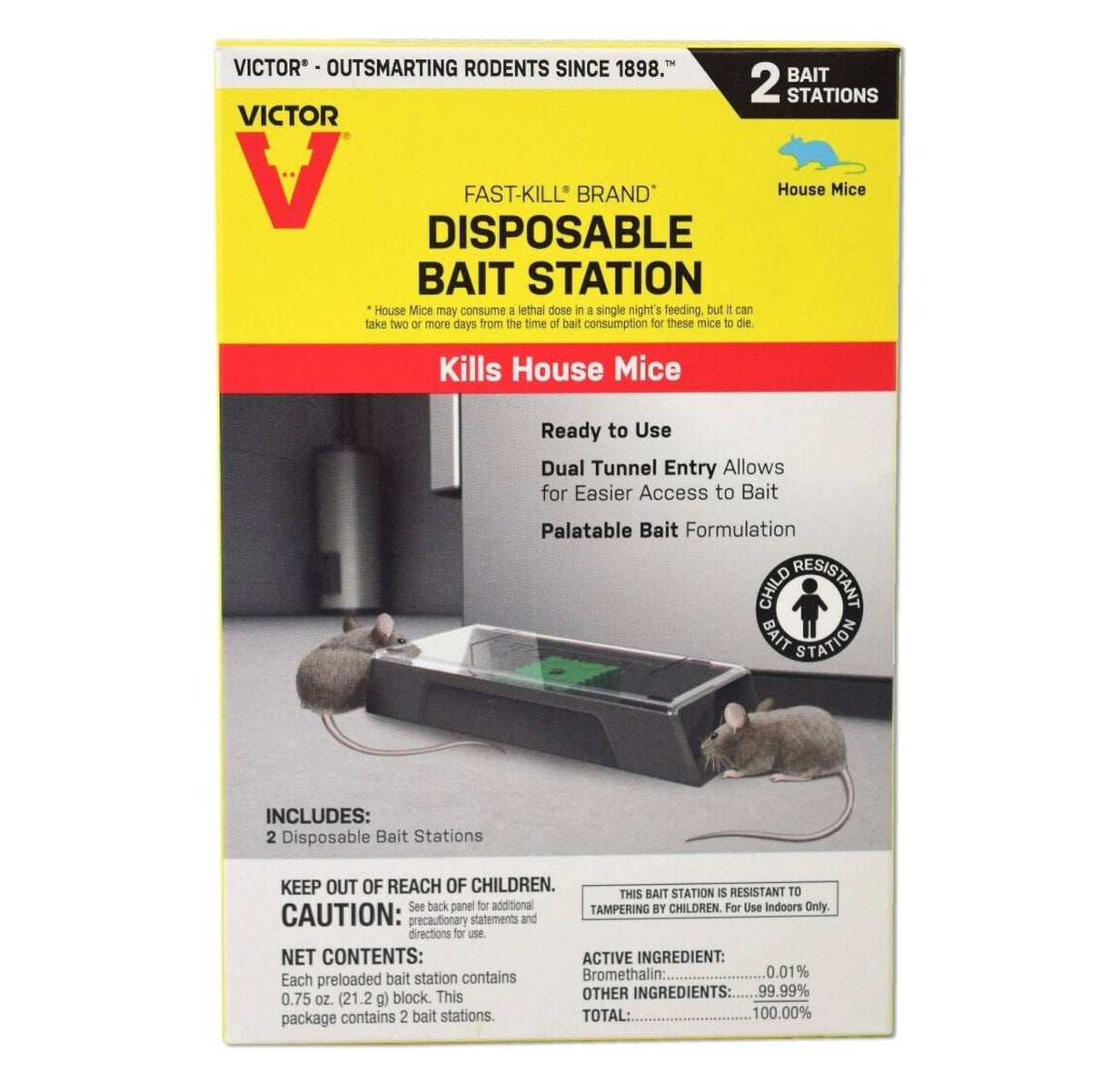 Front view of Victor Pest Fast-Kill Disposable Mouse Bait Station – 2 Pack on a white background