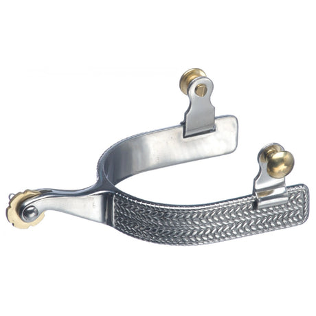 A front view of Western Rawhide roping spur on a white background