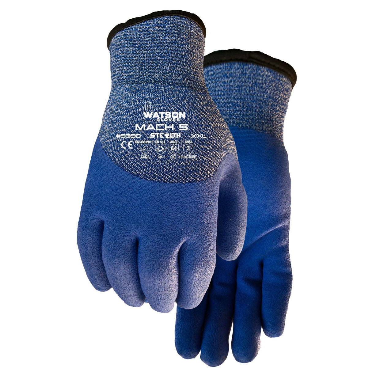 A close-up view of Watson Work Gloves 9390 Stealth Mach 5 on a white background