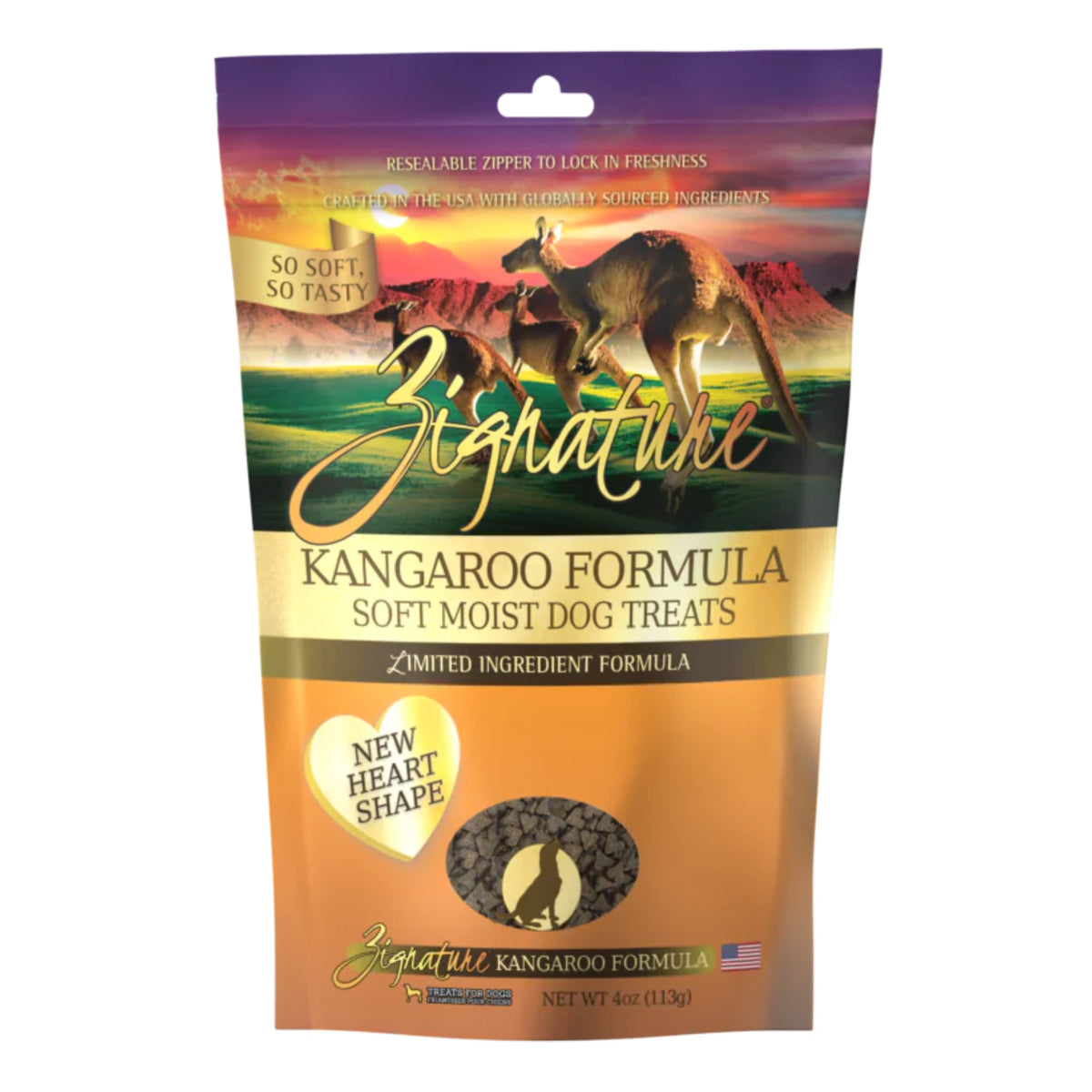 Front view of Zignature Soft Moist Kangaroo Dog Treats on a white background